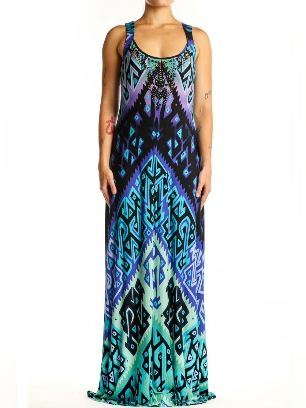 Donna Morgan Sz 16 NWT Geometric Chevron Beaded Neck Maxi Dress Blue Teal Boho